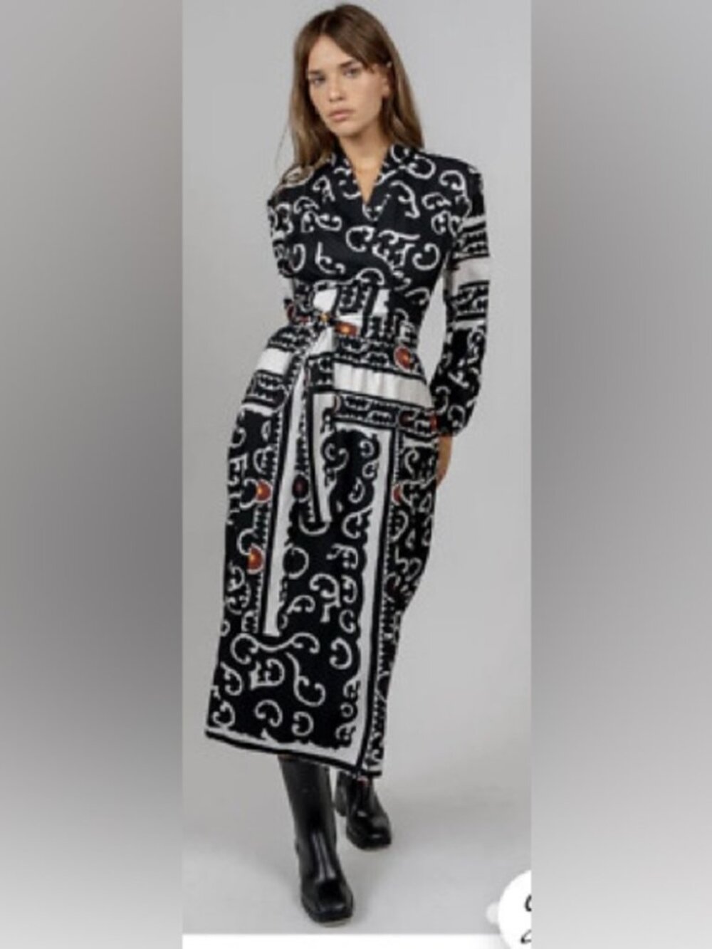 Black & White Printed Long Sleeve Maxi Dress with Belt